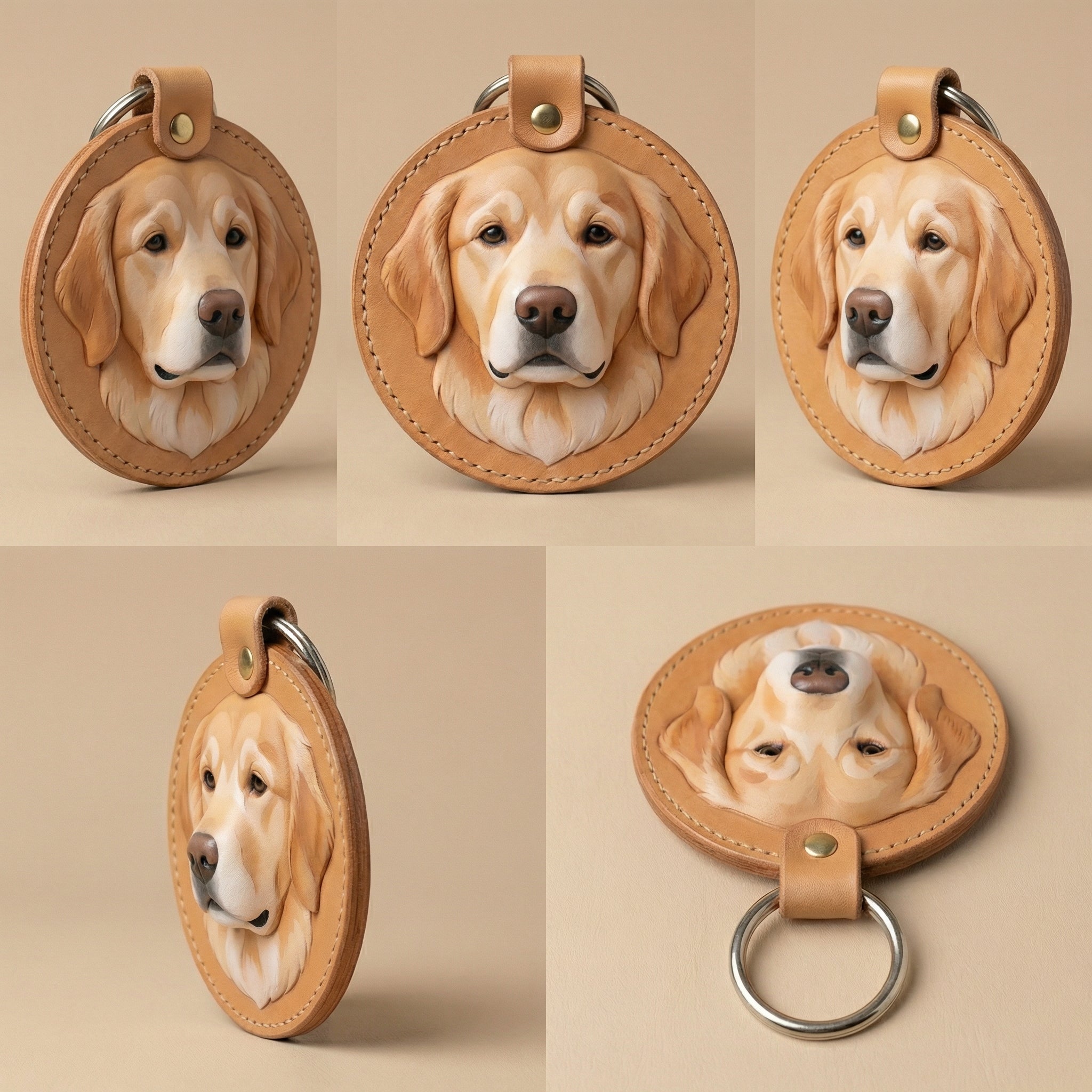Handmade 3D Leather Pet Portrait Keychain – Hand‑Painted Dog or Cat from Photo